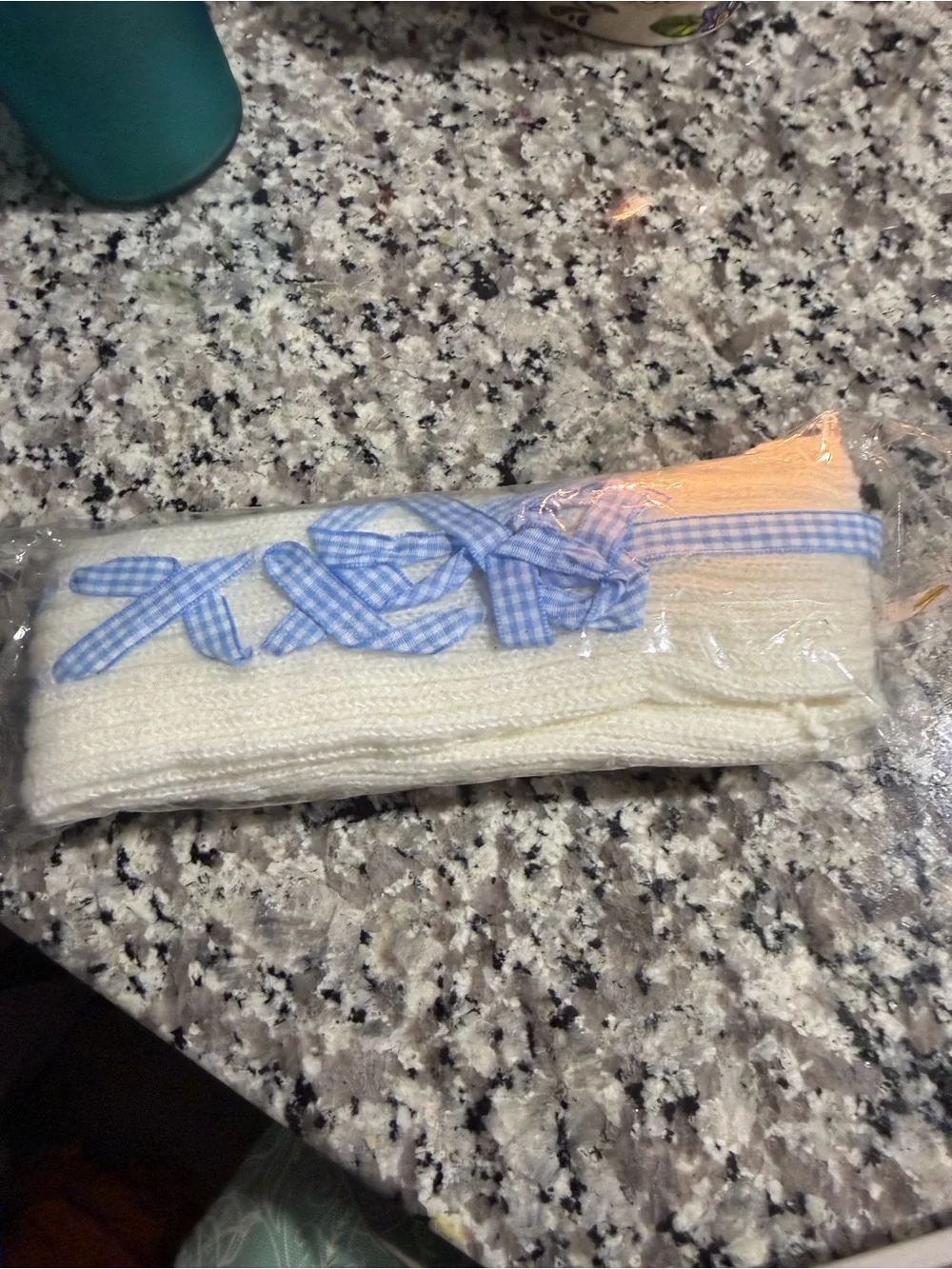 Kawaii Off White Ribbed Leg Warmers with Blue Gingham Ribbon (NWT)